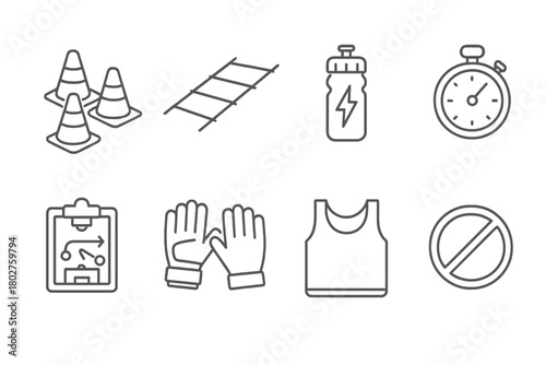 Soccer Training Essentials. Line style icons of Soccer Training: Cones, Ladder, Water Bottle, Stopwatch, Clipboard, Goalkeeper