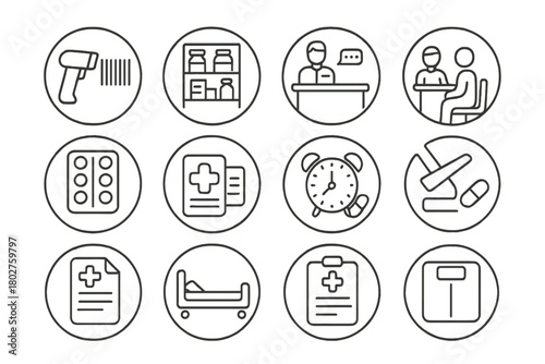 Clinical Pharmacy Icons. Line style round vector icons of Clinical Pharmacy: Barcode Scanner, Medicine Shelf, Patient Chart,