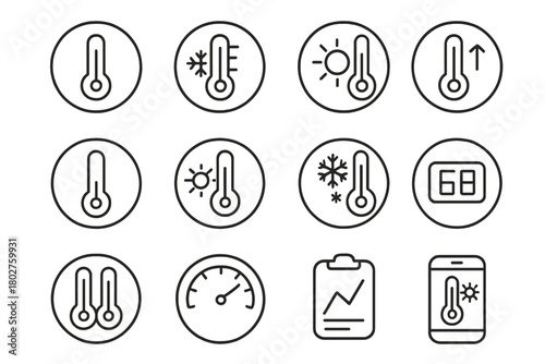 Temperature Icons Set. Line style icons of timber marking and measurement in round shape: marking axe, painted tree, diameter tape