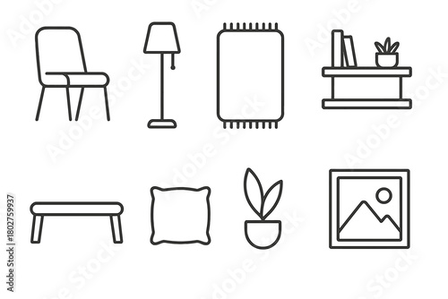 Minimalist Room Icons. Line style icons of Minimalist Room: Chair, Floor Lamp, Rug, Shelf, Low Table, Cushion, Plant, Wall Art, No