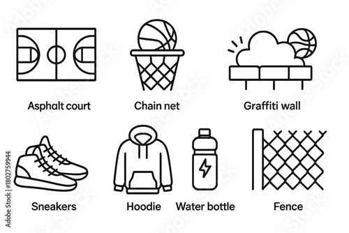 Street Basketball Icons. Line style icons of Street Basketball: Asphalt Court, Chain Net, Graffiti Wall, Sneakers, Hoodie, Water