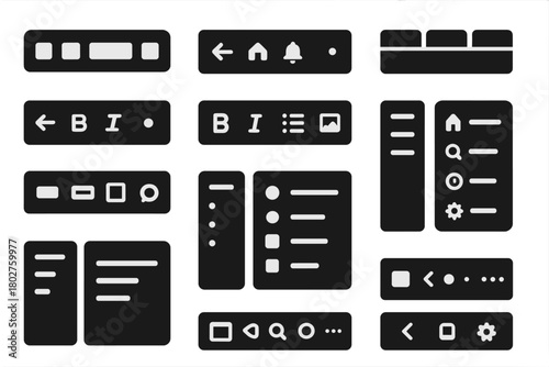 UI Toolbar Icons. Solid style icons of toolbars and headers: top bar menu, navigation header, action toolbar, tabbed menu icon,