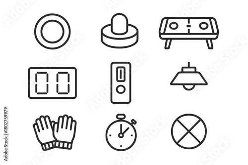 Air Hockey Essentials. Line style icons of Air Hockey: Puck, Mallet, Air Hockey Table, Score Display, Coin Slot, Overhead Light,
