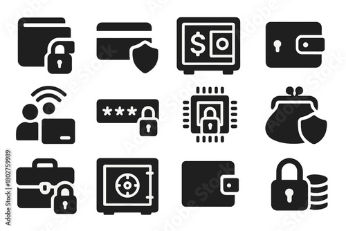 Secure Money Icons. Solid style icons of Secure money: padlock wallet, shielded card, safe cash, encrypted wallet, RFID protection