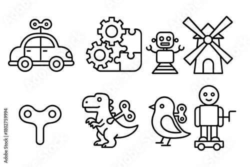 Mechanical Toy Icons. Line style icons of Mechanical Toys: Wind-up Car, Gear Puzzle, Spinning Robot, Windmill, Clockwork Key,