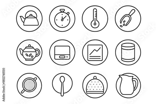 Tea Brewing Essentials. Line style round vector icons of Tea Brewing Essentials: Water Kettle, Timer, Temperature Gauge, Loose