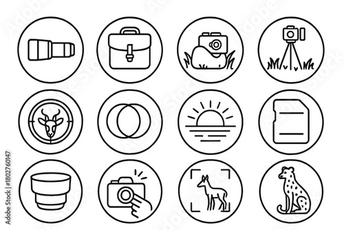 Safari Photography Elements. Line style round vector icons of Safari Photography: Telephoto Lens, Camera Bag, Bean Bag Mount,