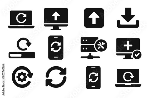 Update Process Icons. Solid style icons of update processes: software update, system upgrade, progress arrow, install update icon,