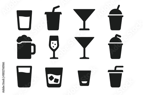 Solid Style Drink Icons. Solid style icons of Drinks: water glass, soda cup, cocktail glass, wine glass, beer mug, champagne flute