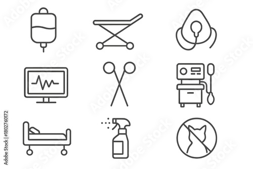 Pet Hospital Icons. Line style icons of Pet hospital: IV bag, stretcher, oxygen mask, monitor screen, surgical scissors,