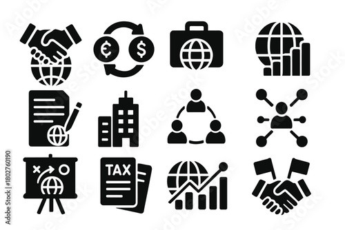 Global Business Icons. Solid style icons of international business: handshake over globe, currency exchange, global briefcase,