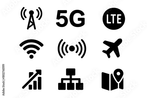 Network Signal Icons. Solid style icons of network and signal: cell tower, 5G icon, LTE symbol, Wi-Fi bars, signal waves, roaming