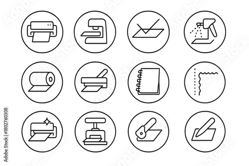 Print Finishing Icons. Line style round vector icons of Print Finishing: Laminator, Embosser, Crease Line, Varnish Coat; Foil Roll