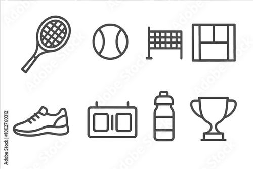 Tennis Icon Set. Line style icons of Street Basketball: Asphalt Court, Chain Net, Graffiti Wall, Sneakers, Hoodie, Water Bottle,