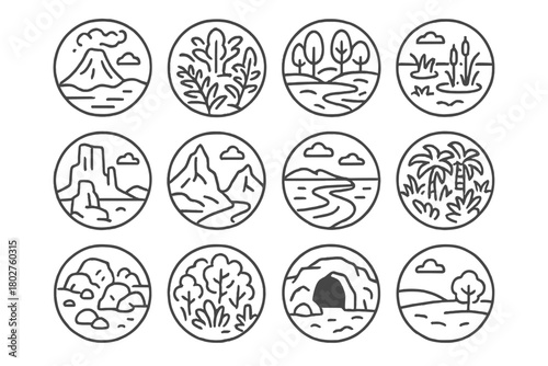 Dinosaur Habitat Icons. Line style icons of dinosaur habitats in round shape: volcanic plain, fern forest, swampy terrain, river