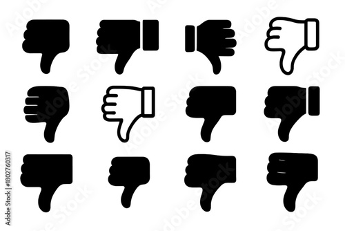 Diverse Thumbs Down Icons. Solid style icons of Thumbs down: simple thumbs down, detailed thumbs down, hand with thumb lowered,
