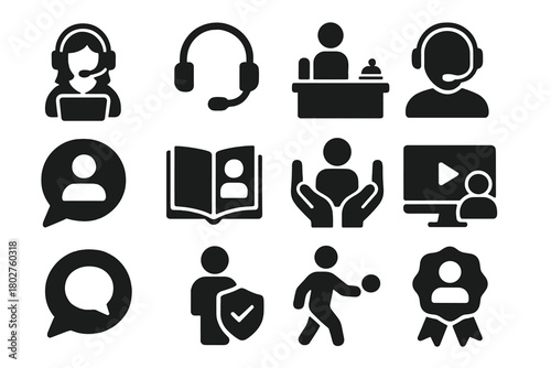 Customer Support Icons. Solid style icons of User support: customer service, headset icon, help desk, assistant figure, chat