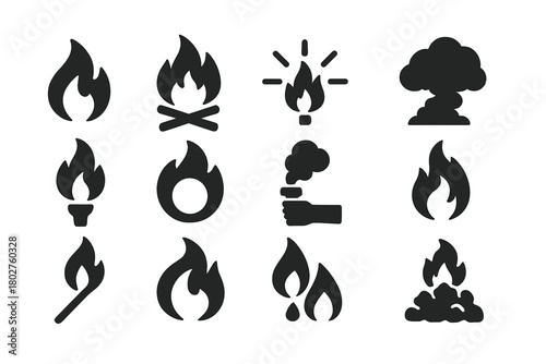 Fire Element Icons. Solid style icons of Fire elements: flame, bonfire, spark, ember, torch, fireball, flare, smoke, matchstick,