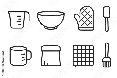 Baking Tools Icons. Line style icons of Baking Tools: Measuring Cup, Mixing Bowl, Oven Mitt, Spatula, Sifter, Dough Cutter,