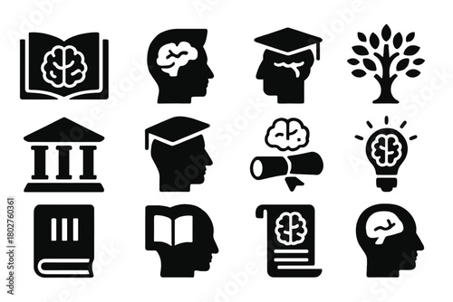 Icons of Knowledge. Solid style icons of Knowledge: open book brain, head with book, graduation cap on brain, knowledge tree,