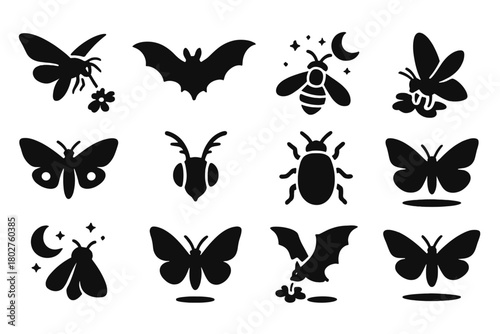 Nighttime Pollinator Icons. Solid style icons of Night Pollinators: moth hovering, bat in flight, bee at night, moth on petal,