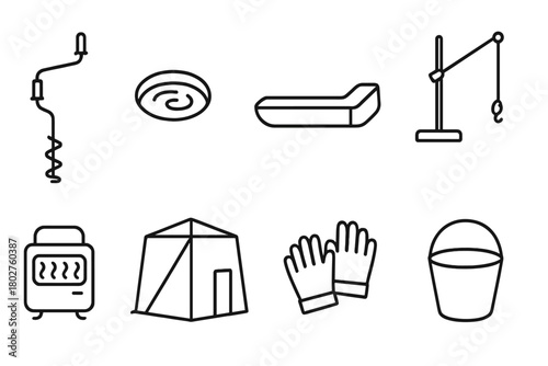 Ice Fishing Icons. Line style icons of Ice fishing: auger, ice hole, sled, tip-up, heater, shelter tent, gloves, bucket, No text,