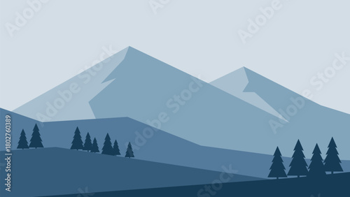 Minimalistic winter landscape in blue colors. Mountains vector design in Scandinavian style. Hand drawn original illustration