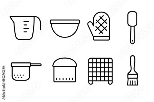 Baking Tools Icons. Line style icons of Baking Tools: Measuring Cup, Mixing Bowl, Oven Mitt, Spatula, Sifter, Dough Cutter,