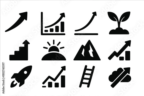 Growth Symbols Icons. Solid style icons of Growth symbols: upward arrow, rising bars, progress curve, plant sprout, staircase