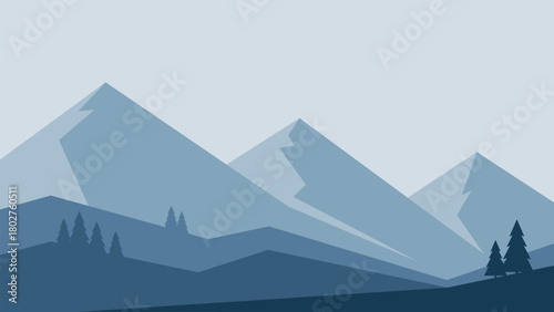 Minimalistic winter landscape with three mountains in blue colors. Vector design in Scandinavian style. Hand drawn original illustration for festive design.