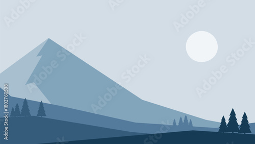 Minimalistic winter landscape with mountain and moon in blue colors. Vector design in Scandinavian style. Hand drawn original illustration