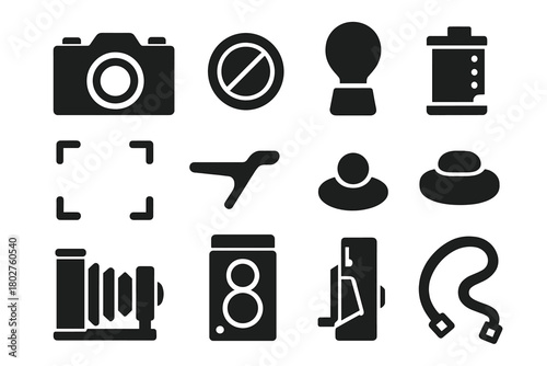 Vintage Camera Icons. Solid style icons of Vintage Camera: camera body, glass lens, flash bulb, film roll, viewfinder frame,