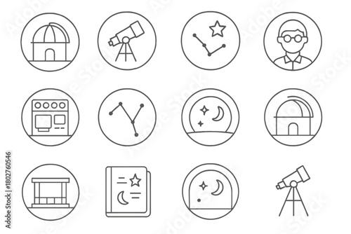 Observatory Icons. Line style icons of observatory in round shape: dome, telescope, star chart, astronomer; control panel,