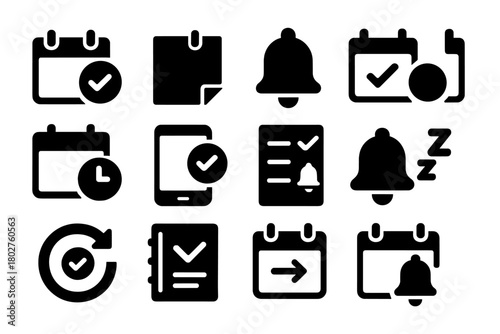 Reminder Icons Collection. Solid style icons of reminders and to-dos: calendar reminder, sticky note icon, task bell, checkmark