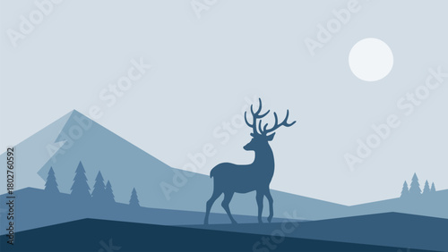 Minimalistic winter landscape with deer and mountain in blue colors. Vector design in Scandinavian style. Hand drawn original illustration