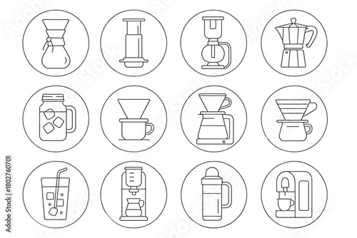 Alternative Coffee Brewers Icons. Line style icons of alternative brewers in round shape: Chemex, Aeropress, siphon brewer, Moka