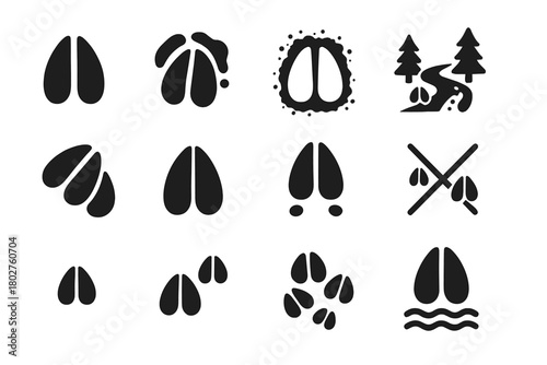 Deer Track Icons. Solid style icons of Deer Tracks: hoof print, track in mud, snow print, forest trail, overlapping tracks, fresh