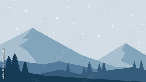Minimalistic winter landscape with mountain and snow in blue colors. Vector design in Scandinavian style. Hand drawn original illustration