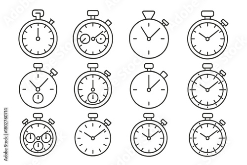 Chronograph Icon Matrix. Line style icons of chronographs in round shape: stopwatch dial, dual subdials, flyback hand, tachymeter