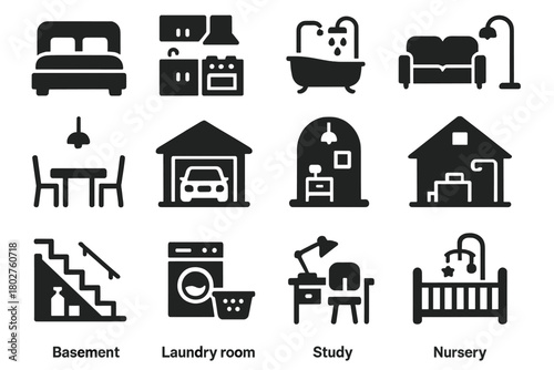 Household Room Icons. Solid style icons of household rooms: bedroom, kitchen, bathroom, living room, dining room, garage, hallway,