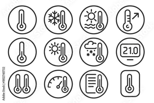 Temperature Icons Set. Line style icons of temperature in round shape: mercury thermometer, cold temperature icon, heatwave symbol