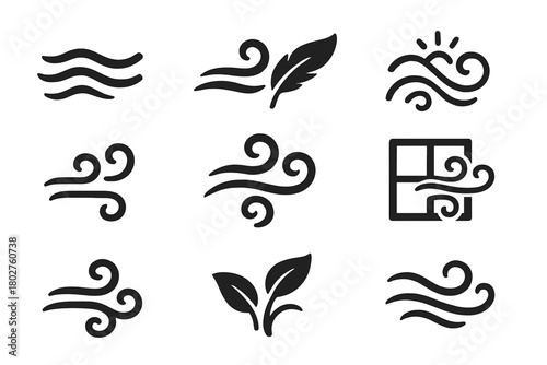 Breeze Icons Collection. Solid style icons of breeze and light air: soft wave lines, wind with feather, cool morning air, gentle