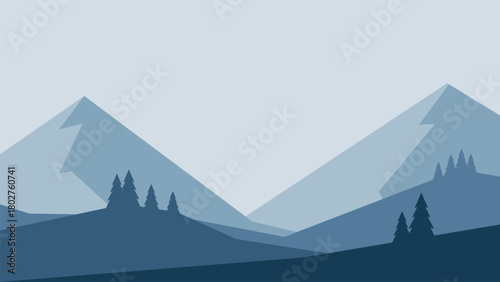 Minimalistic winter landscape with two mountains in blue colors. Vector design in Scandinavian style. Hand drawn original illustration