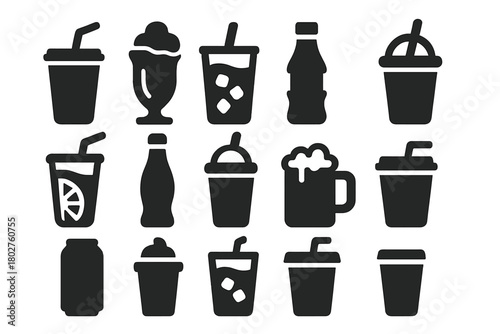 Beverage Icons Collection. Solid style icons of Beverages: soda cup with straw, milkshake glass, iced coffee, smoothie cup,