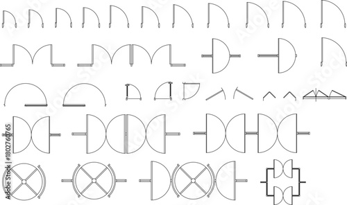 Vector plan view set of complex door symbols: double-action, revolving, sliding, and arched entrance doors.