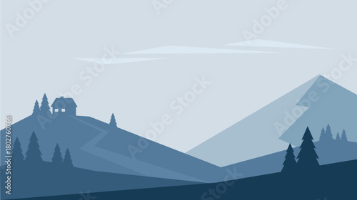 Minimalistic winter landscape with mountains, fir tree and house in blue colors. Vector design in Scandinavian style. Hand drawn original illustration