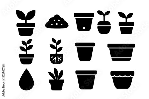 Iconic Potted Plants. Solid style icons of Potted Plant: ceramic pot, garden soil, drainage hole, tiny sprout, leafy stem, plant