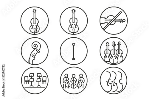 Orchestral Strings Icons. Line style icons of orchestral strings in round shape: cello, double bass, viola, violin section; bow on