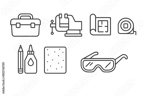 Workshop Icons Collection. Line style icons of Workshop items: toolbox, bench vise, blueprint, tape measure, pencil, wood glue,