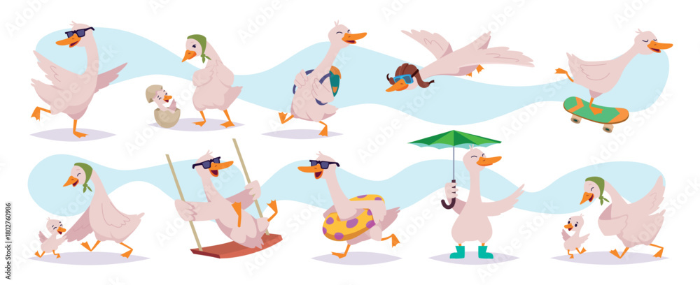 Obraz premium Duck. Cartoon cute goose in different posees exact vector funny birds illustration